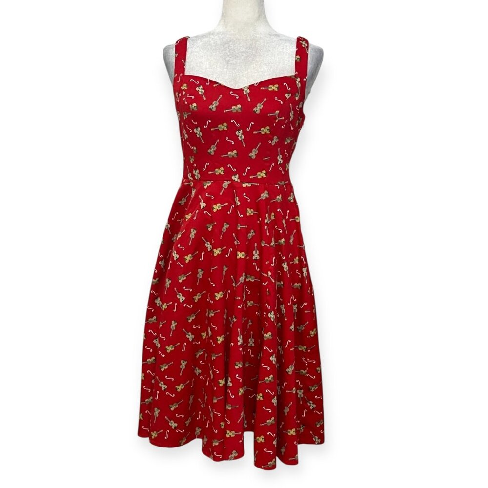 Hearts & Roses Fit Flare Dress Women 8 Red Rockabilly Pinup Retro - Picture 2 of 14